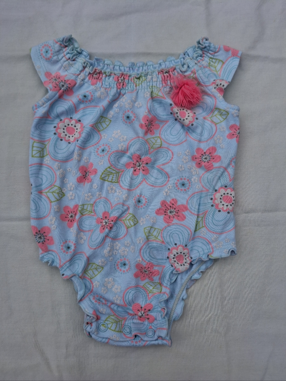 Girls Blue Floral One-Piece Swimsuit with Pink Accents